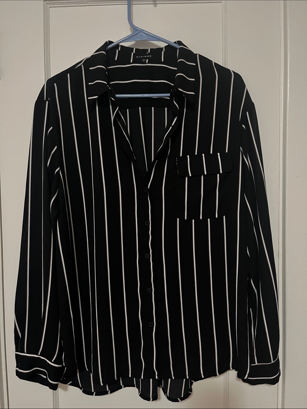 Pleione Black and White Vertical Stripe Blouse